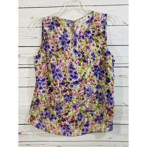 Liz Claiborne Sleeveless Blouse Womans Sz Petite Medium Shirt Floral Tank Ruffle